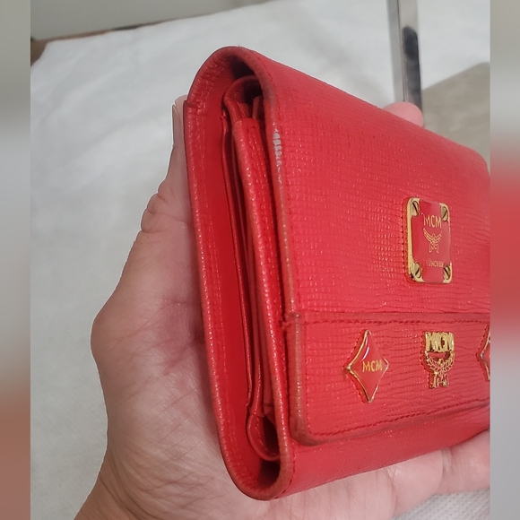 MCM Red Leather Studded Logo Motifs Trifold Wallet w/ Charms - Picture 5 of 16